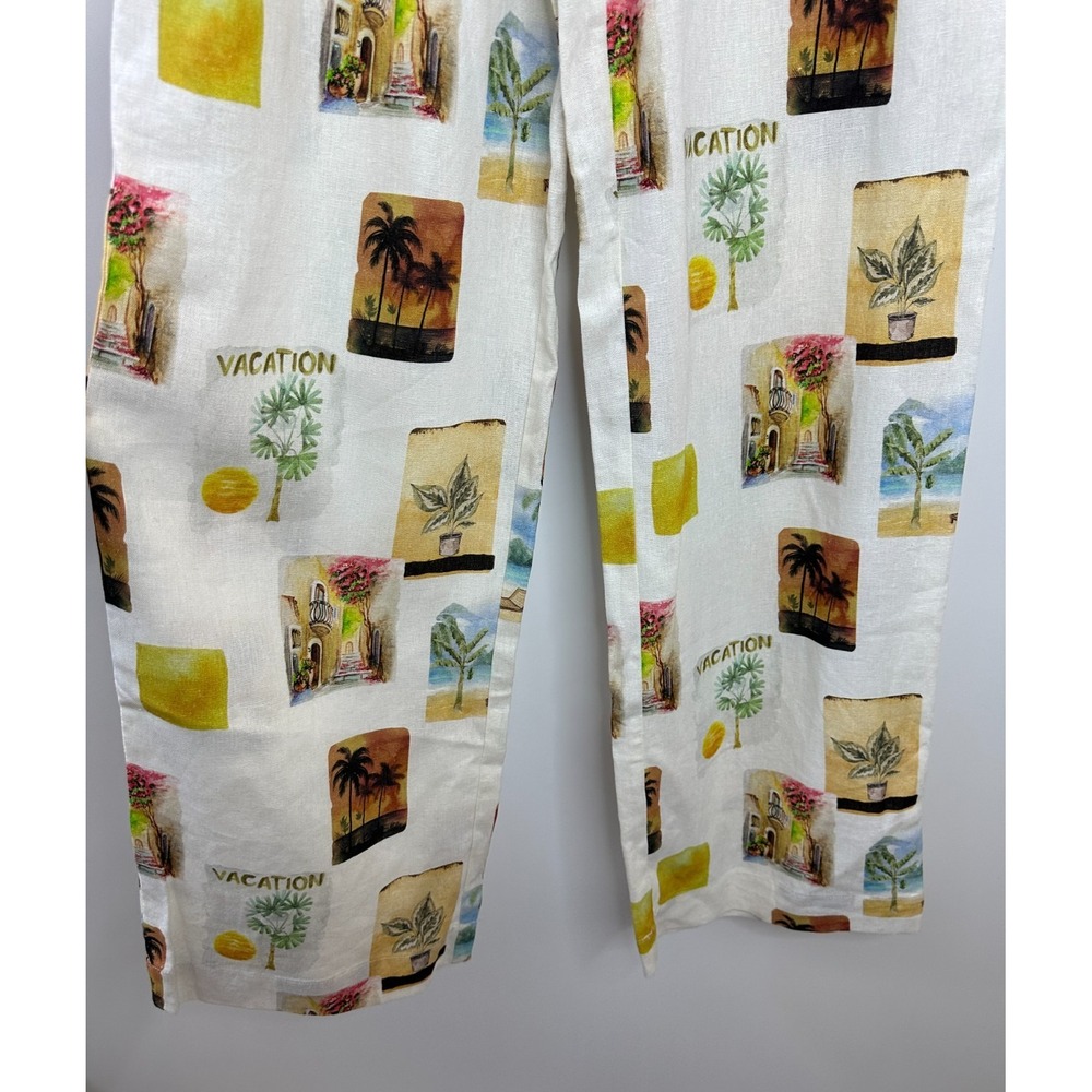 C&C California Small Linen Blend Vacation Print Wide Leg Pants Ivory Multi - Picture 12 of 13